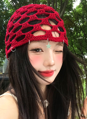星星红色镂空针织帽女夏季透气显脸小y2k辣妹风手工编织包头帽子