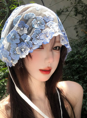 冰蓝色蕾丝花朵绑带包头帽女夏季