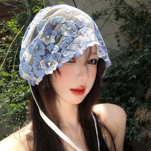 冰蓝色蕾丝花朵绑带包头帽女夏季
