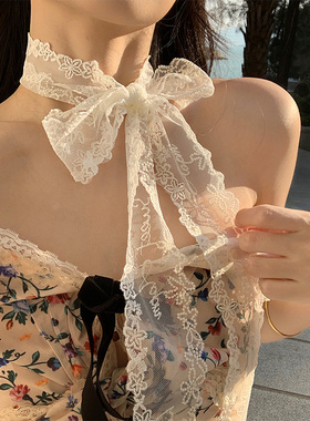 韩系蕾丝蝴蝶结长条丝巾女春夏季