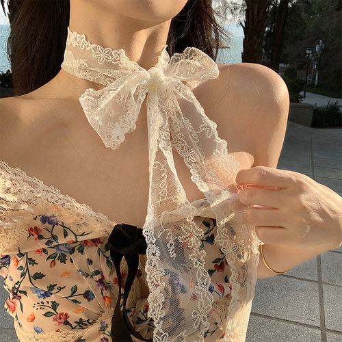 韩系蕾丝蝴蝶结长条丝巾女春夏季