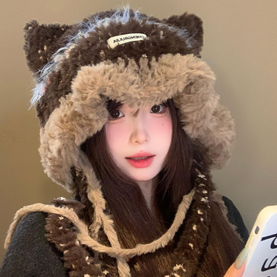 可爱猫耳朵针织毛绒帽女2025年