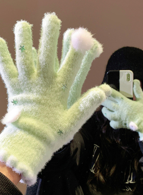 可爱绿色星星针织毛线手套女冬2025新款甜美保暖骑行学生防风御寒