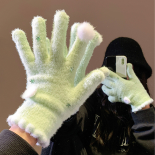 可爱绿色星星针织毛线手套女冬2025新款 甜美保暖骑行学生防风御寒