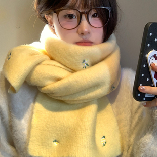 韩系氛围感黄色花朵刺绣针织围巾女秋冬学生保暖护颈防寒百搭围脖
