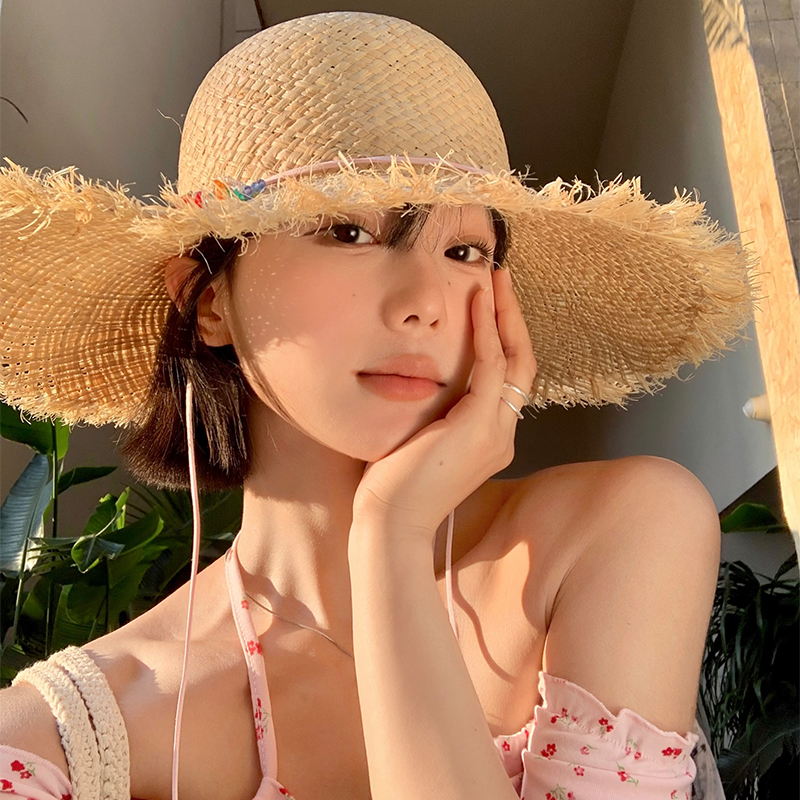 法式大帽檐编织拉菲草帽女夏季