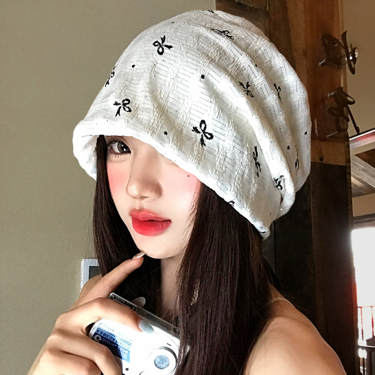 波点蝴蝶结白色堆堆包头帽子女春夏薄款甜美百搭显脸小套头帽冷帽