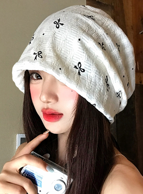 波点蝴蝶结白色堆堆包头帽子女春