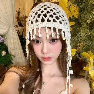 波西米亚风手工针织包头帽子女春夏季 民族风显脸小镂空流苏套头帽