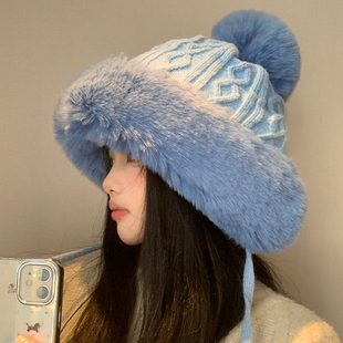 甜美可爱毛球雷锋帽女秋冬季韩版加厚针织帽子保暖防寒护耳毛线帽