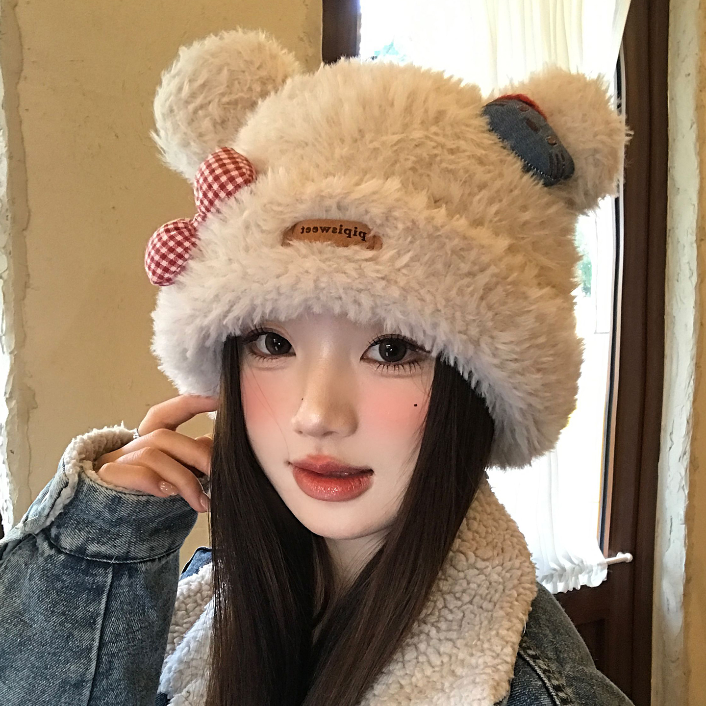 可爱小熊Kitty蝴蝶结毛绒针织帽