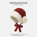 冬日红色加厚保暖护耳毛线帽子女骑行防风大头围显脸小针织雷锋帽