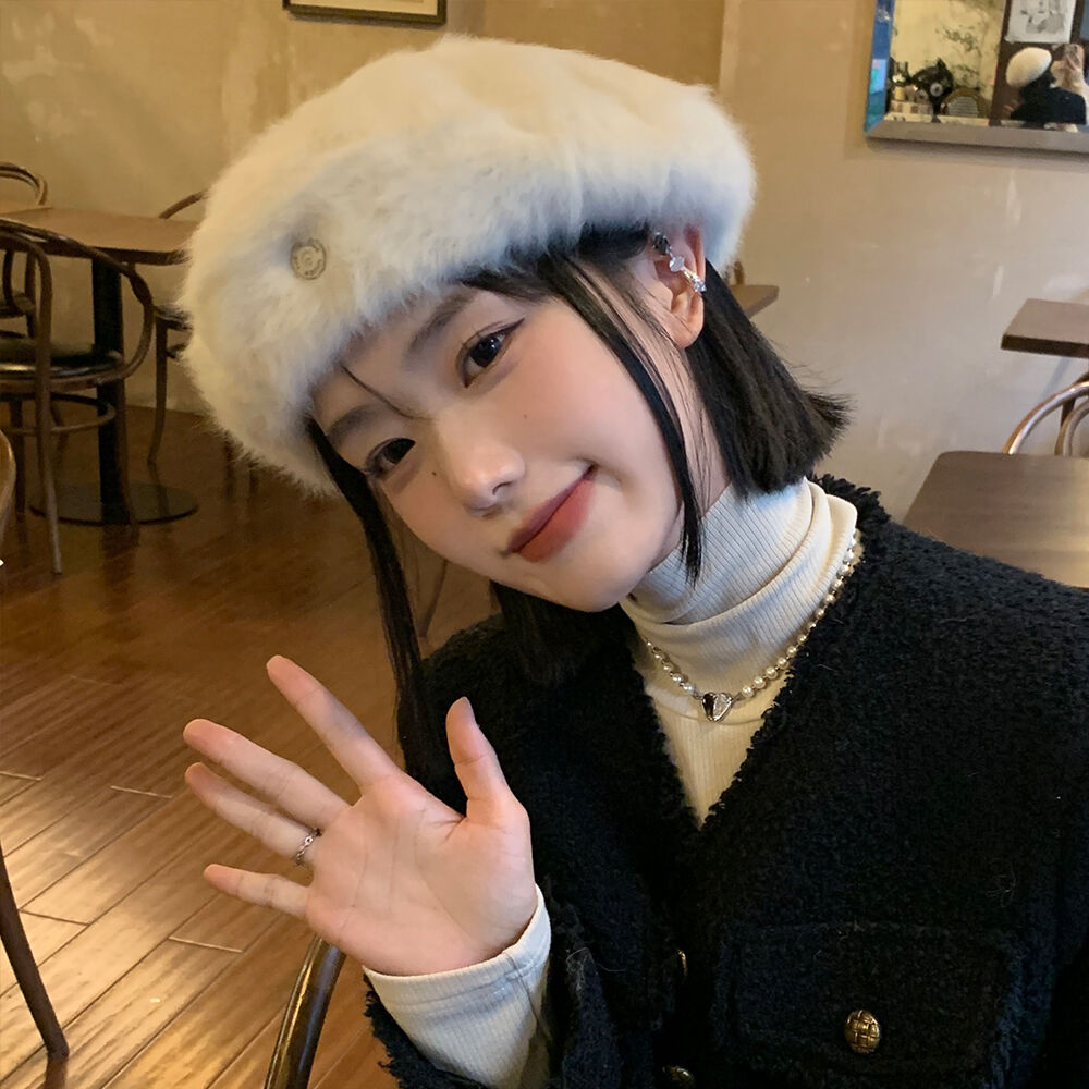 韩版显脸小兔毛贝雷帽