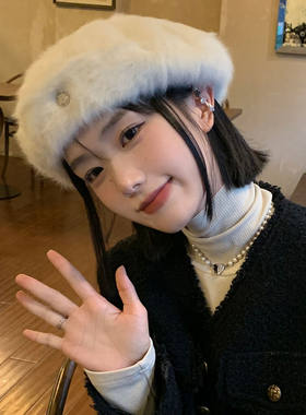 韩版显脸小兔毛贝雷帽