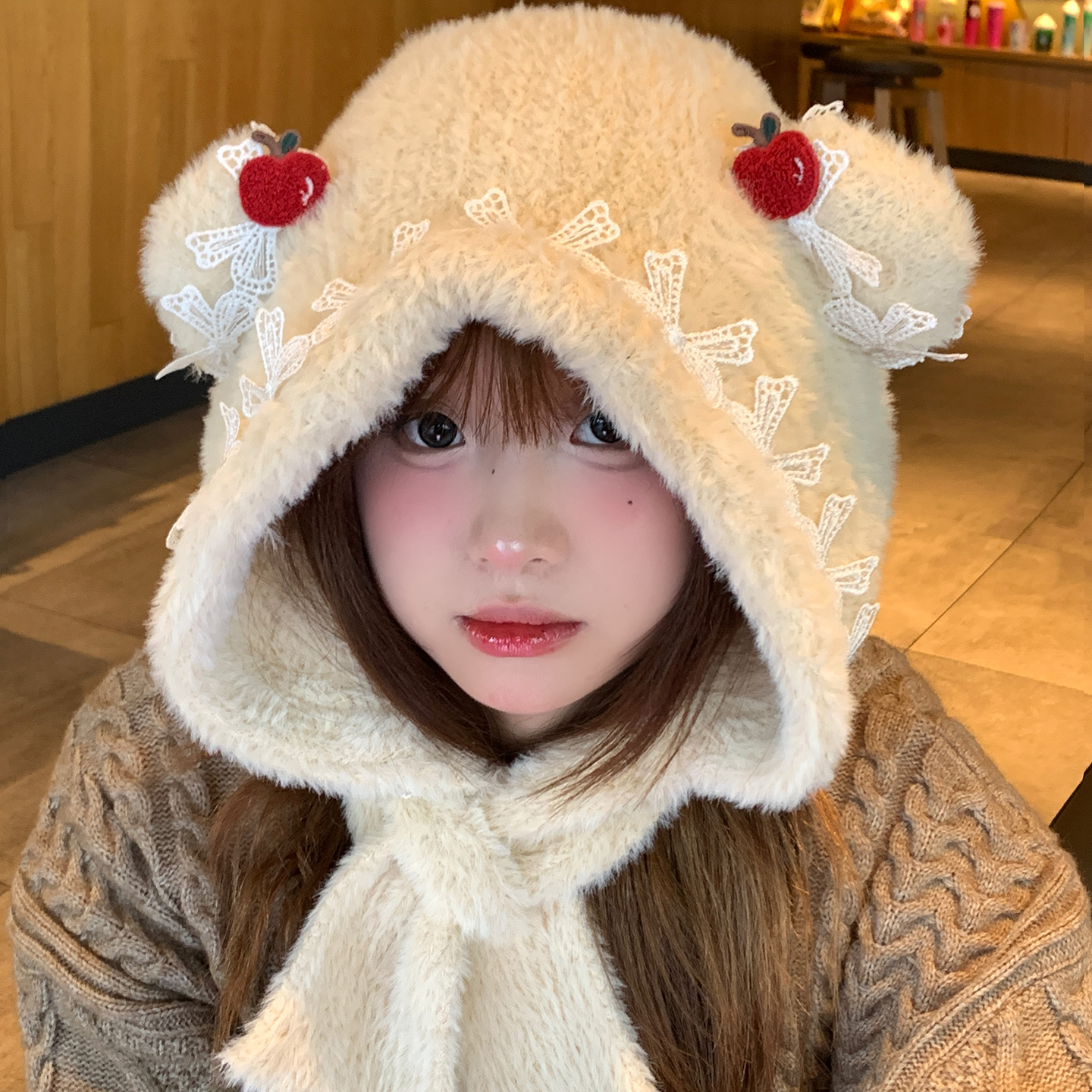 可爱樱桃蝴蝶结蕾丝小熊耳朵帽子