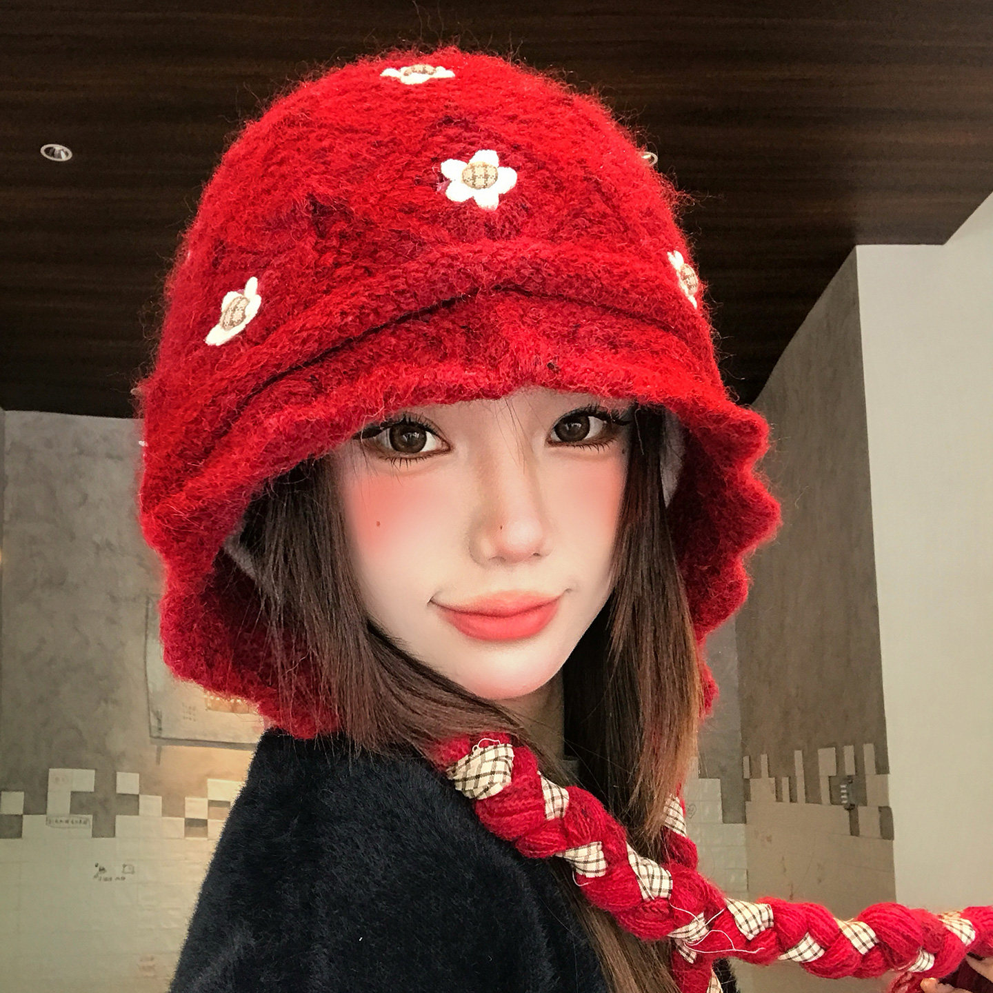 复古红色花朵流苏绑带针织帽女秋冬季加厚保暖护耳大头围毛线帽子