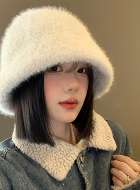 白色毛绒渔夫帽女2026年秋冬季潮