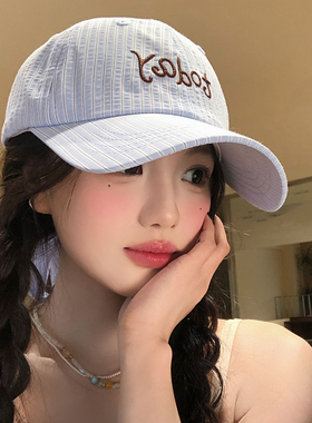 蓝色条纹蝴蝶结绑带字母刺绣棒球帽女夏季显脸小遮阳防晒鸭舌帽子