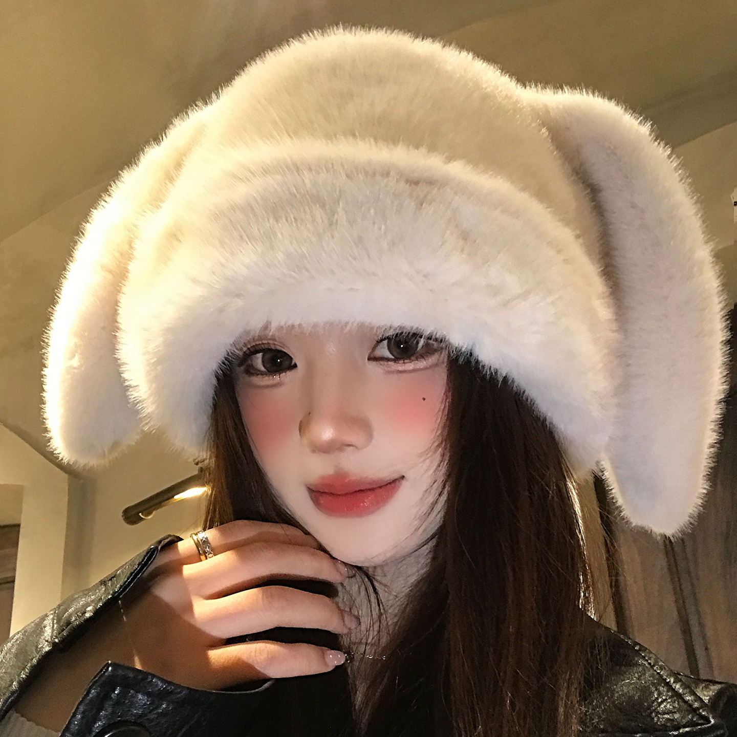 可爱兔耳朵毛绒帽子女冬加绒加厚