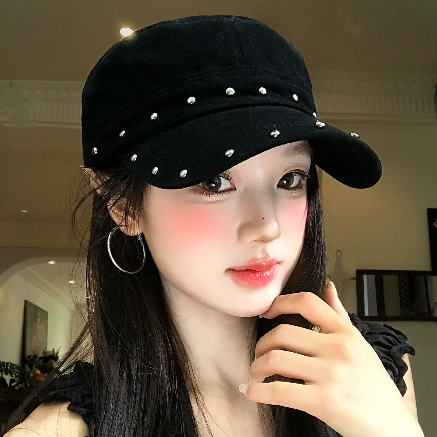 美式复古铆钉黑色鸭舌贝雷帽女夏季显脸小大头围百搭平顶马术帽子