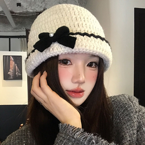 手工编织蝴蝶结针织帽子女秋冬