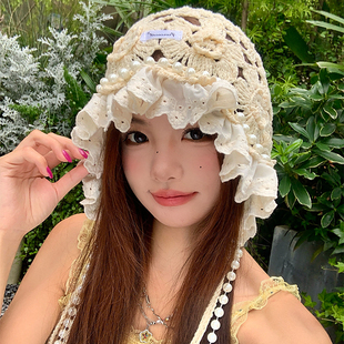 珍珠流苏手工针织包头帽女夏镂空透气旅游拍照百搭显脸小堆堆帽子
