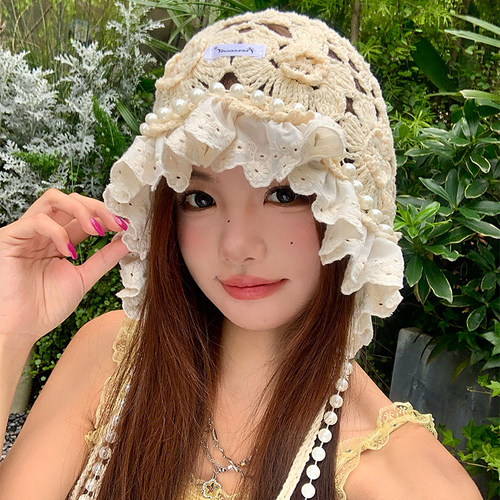 珍珠流苏手工针织包头帽女夏镂空