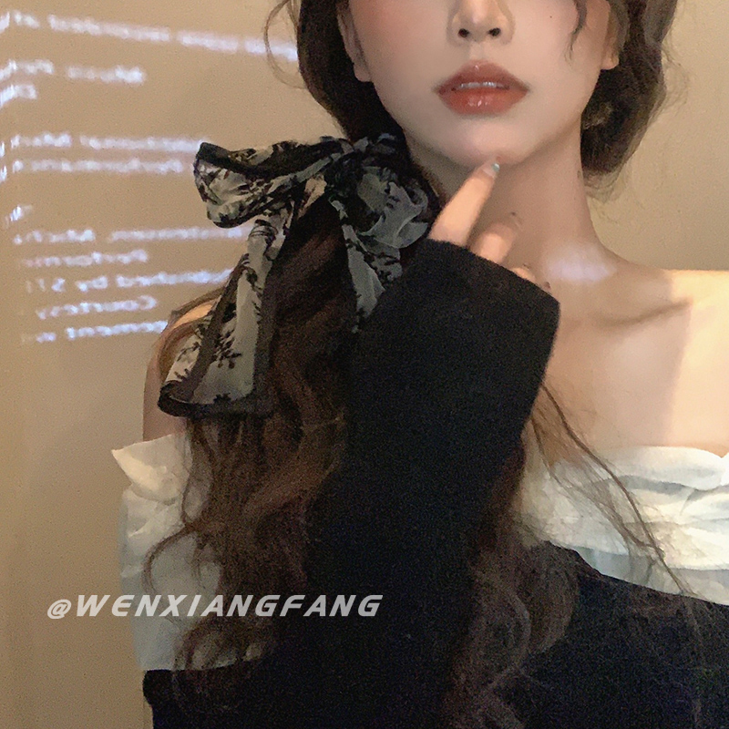 复古国风碎花黑色蕾丝丝巾发带