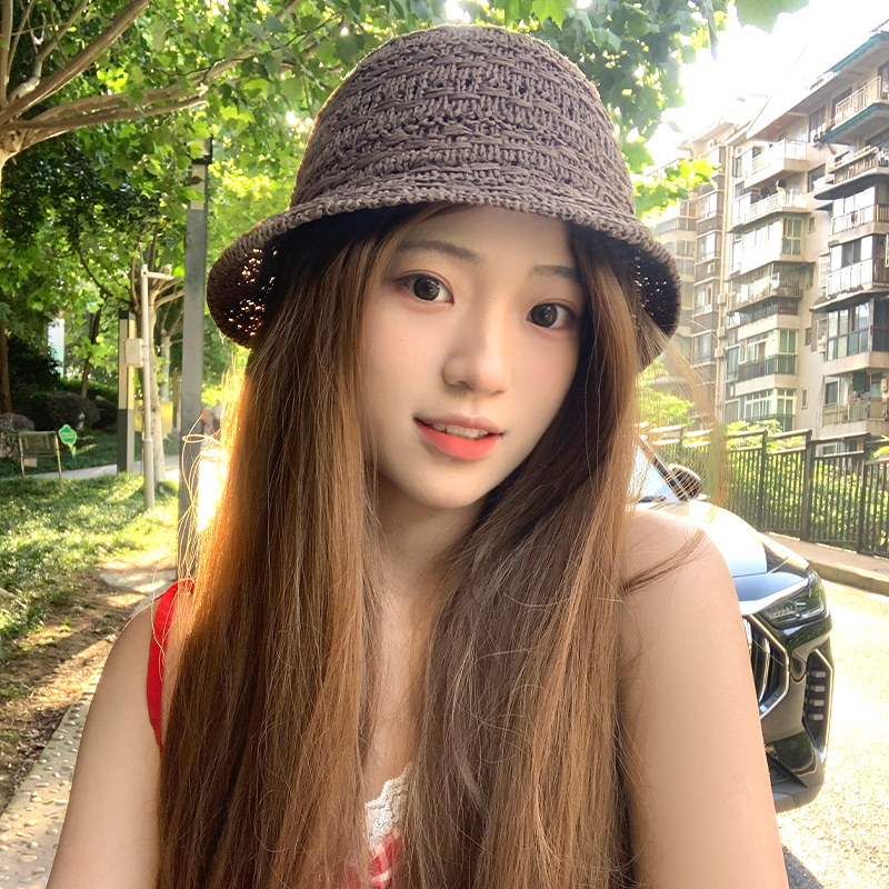 日系纯色卷边圆顶草帽女夏季海边沙滩镂空透气显脸小遮阳渔夫帽子