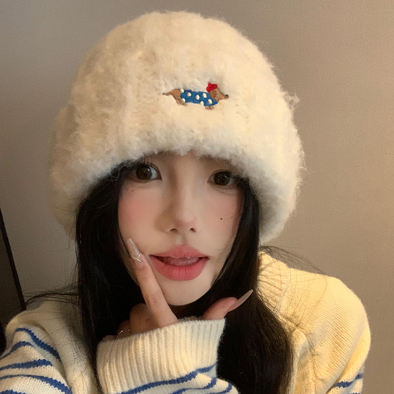 可爱腊肠狗刺绣针织毛线帽女2025