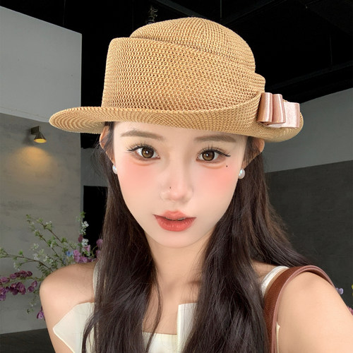 法式赫本风蝴蝶结草编礼帽女优雅