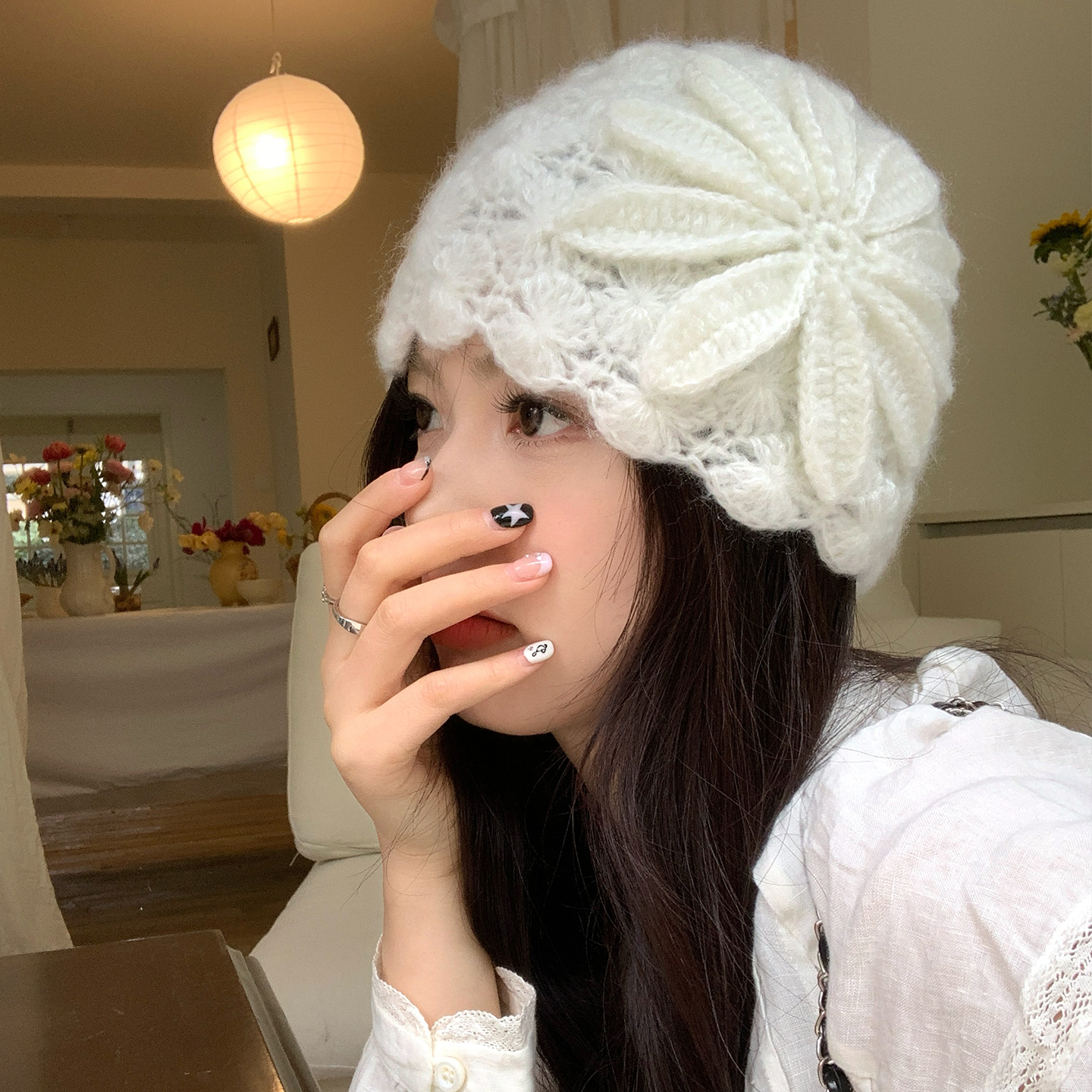 手工钩花针织镂空包头帽女秋冬季