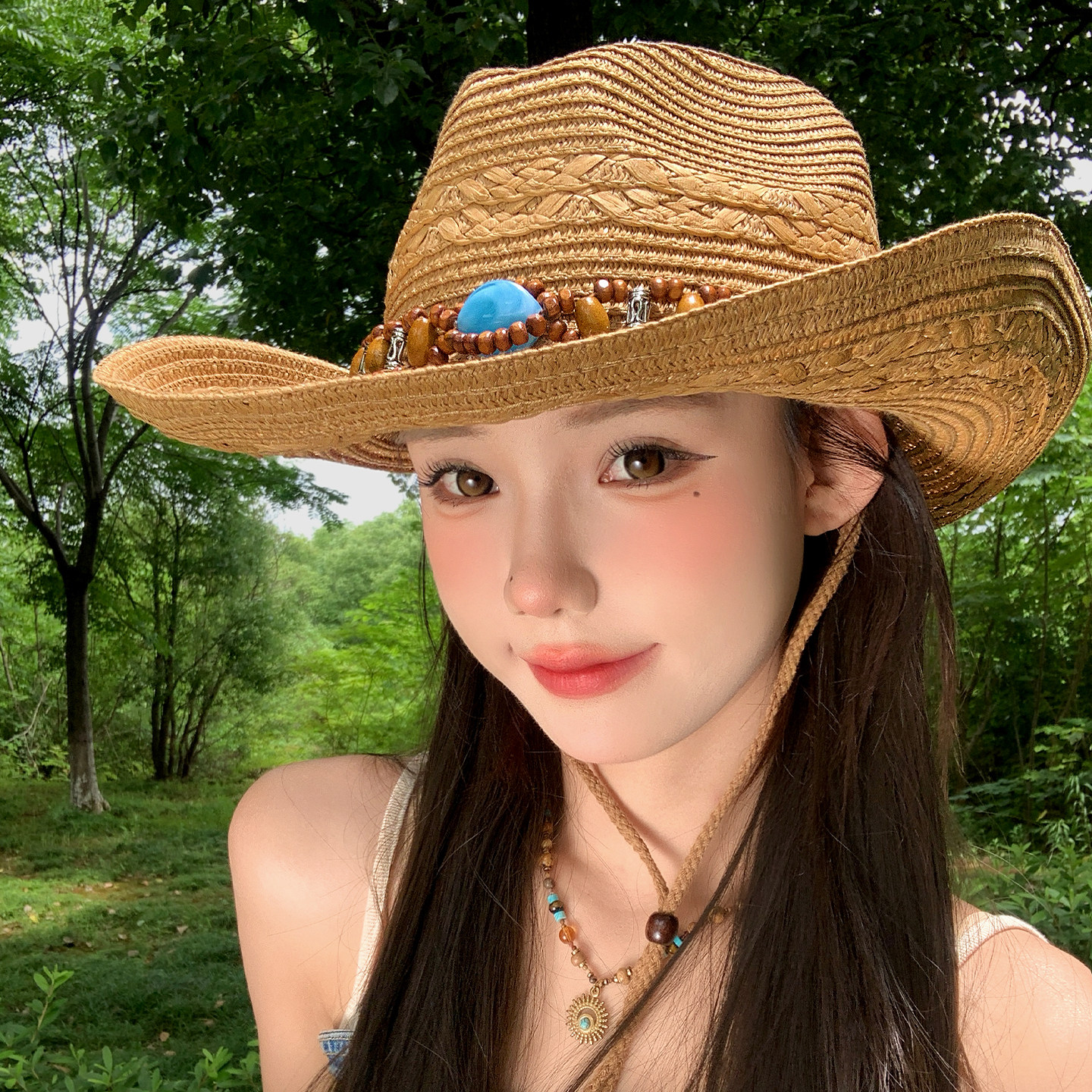 复古民族风草编西部牛仔帽新疆西北川西旅游帽子女大帽檐遮阳礼帽