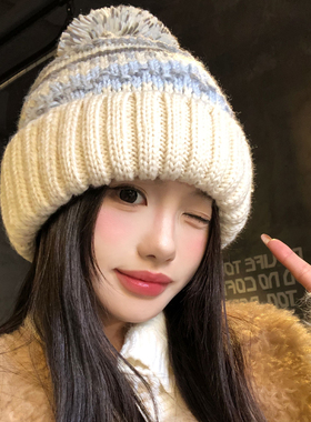 费尔岛毛球针织帽女秋冬可爱加厚