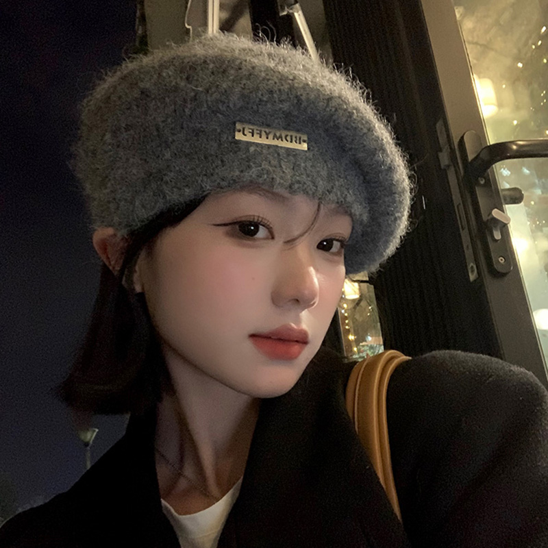 马海毛灰色针织贝雷帽女2025年秋