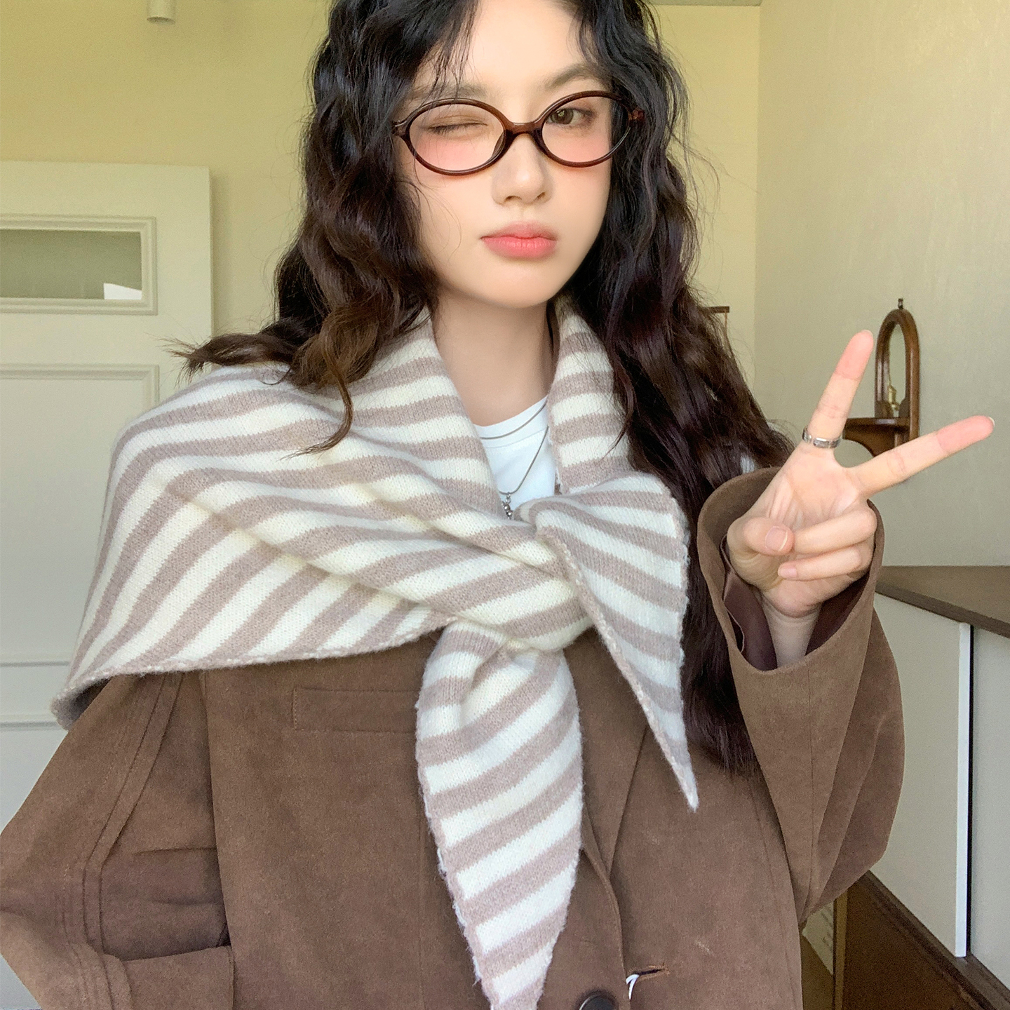 韩系条纹针织大三角围巾女秋冬季