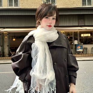 高级感双层薄纱流苏长条围巾女韩系氛围感丝巾披肩欧根纱外搭围脖