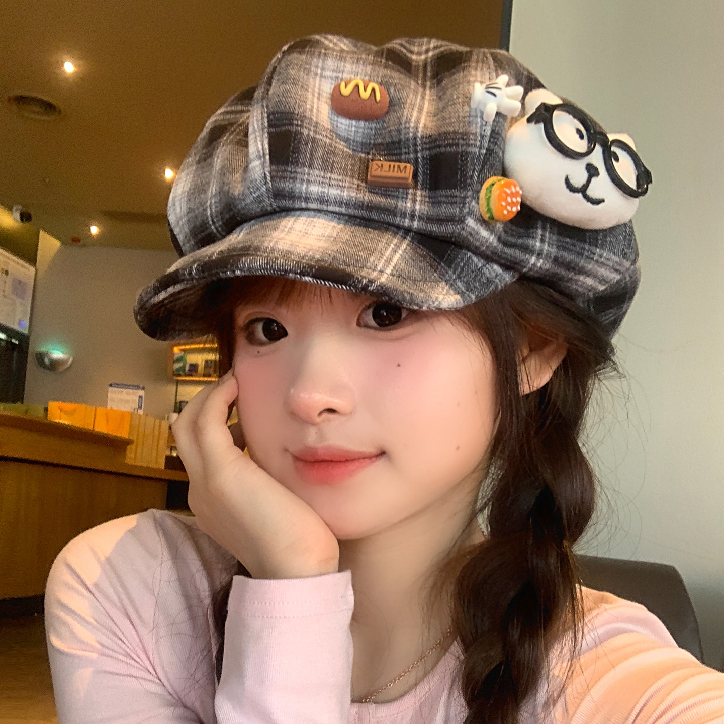可爱小熊眼镜格纹八角贝雷帽女