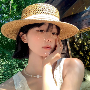 老钱风镂空草帽女夏季 出游海边沙滩礼帽遮阳帽复古平顶太阳帽子