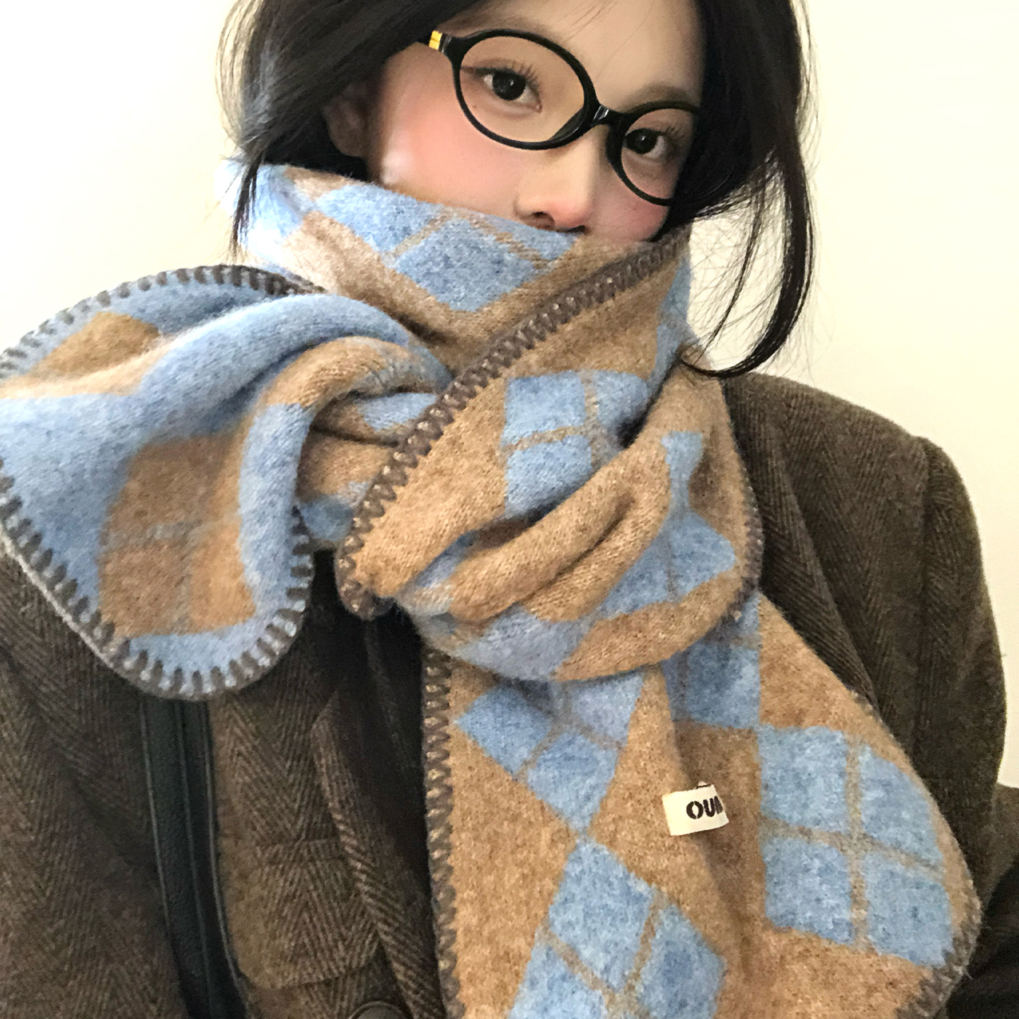 蓝咖菱形格子针织围巾女秋冬保暖