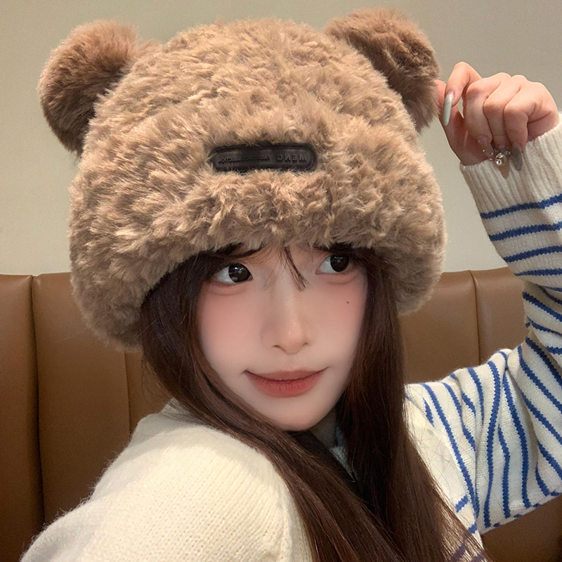 可爱小熊耳朵毛绒帽女2025年秋冬