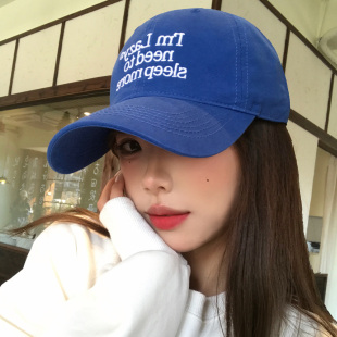 韩系ins街头刺绣蓝色棒球帽女生大头围宽帽檐大脸显脸小鸭舌帽子