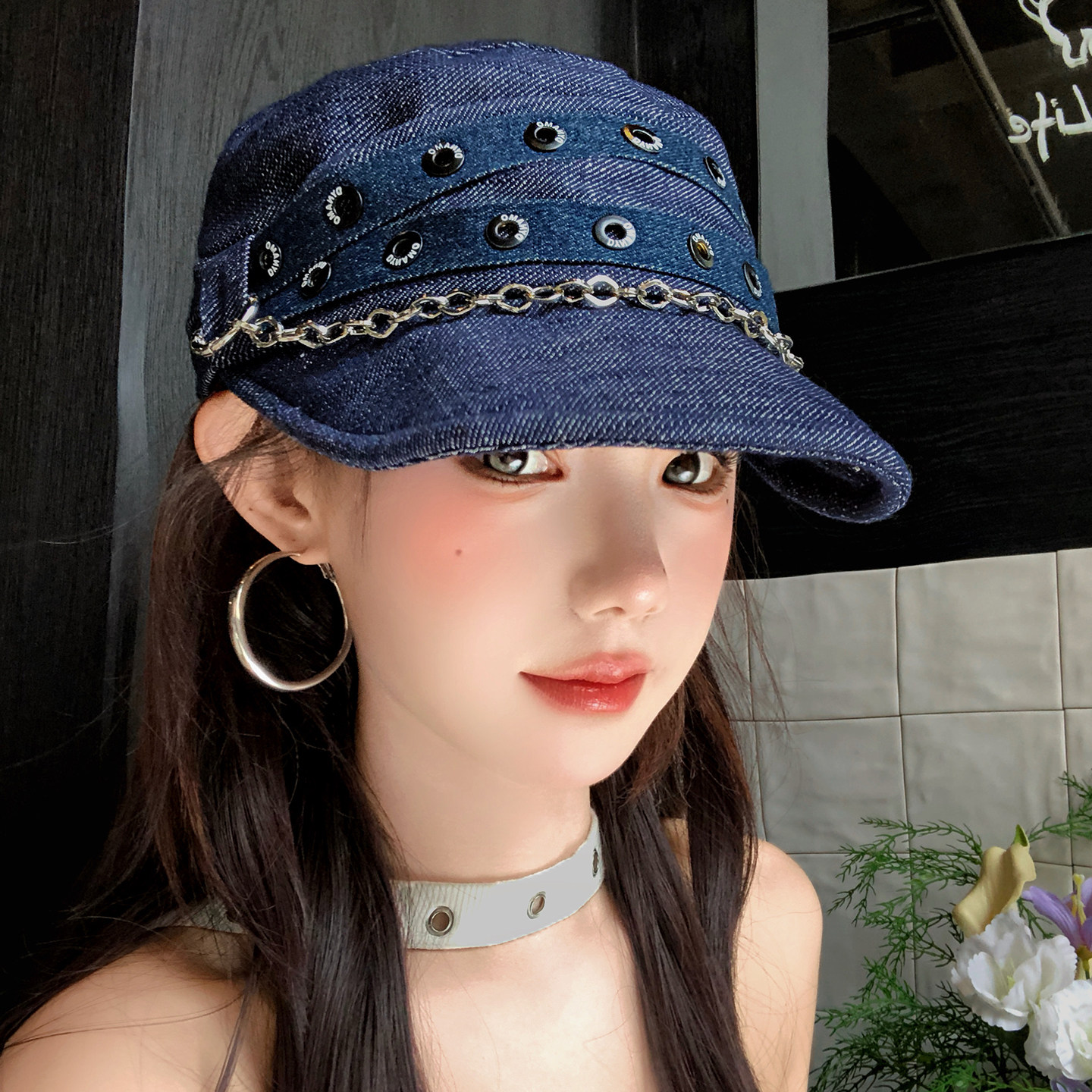 复古朋克铆钉链条马术帽小众时髦个性显脸小鸭舌贝雷帽子女报童帽
