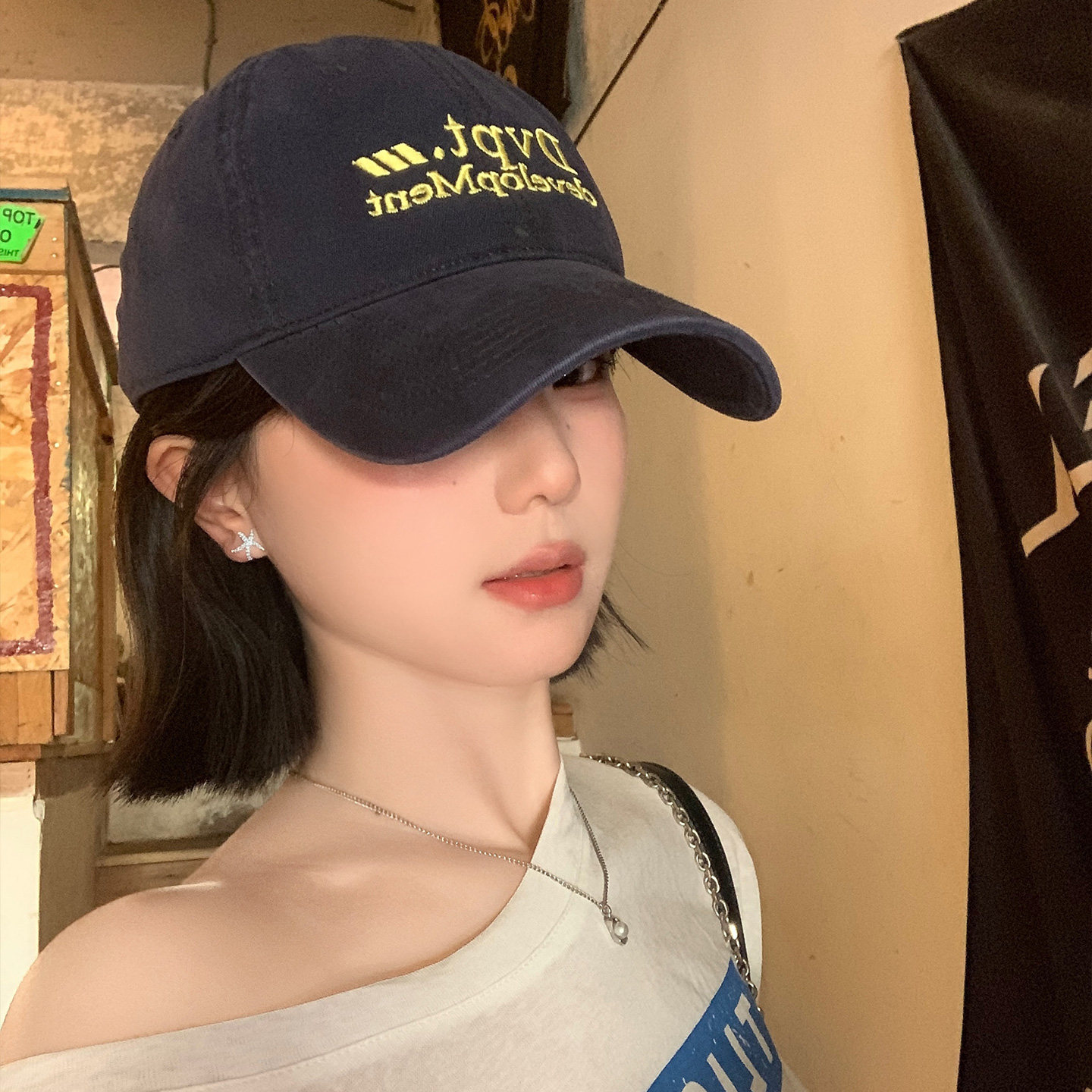 韩版复古字母刺绣藏青色棒球帽女