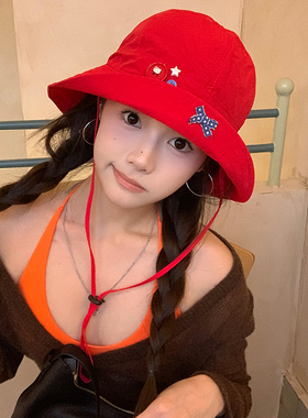 可爱蝴蝶结纽扣红色渔夫帽女翻檐显脸小盆帽防晒防紫外线遮阳帽子