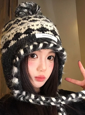 费尔岛灰色毛球针织帽女冬季加厚