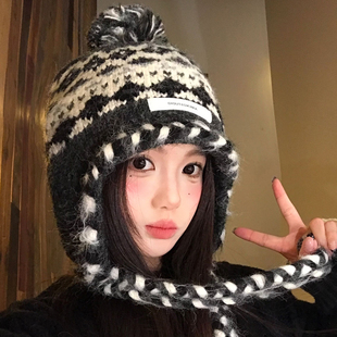 费尔岛灰色毛球针织帽女冬季加厚保暖冷帽显脸小复古护耳毛线帽子