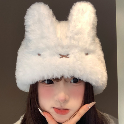 可爱白色米菲兔子毛绒帽女冬加绒