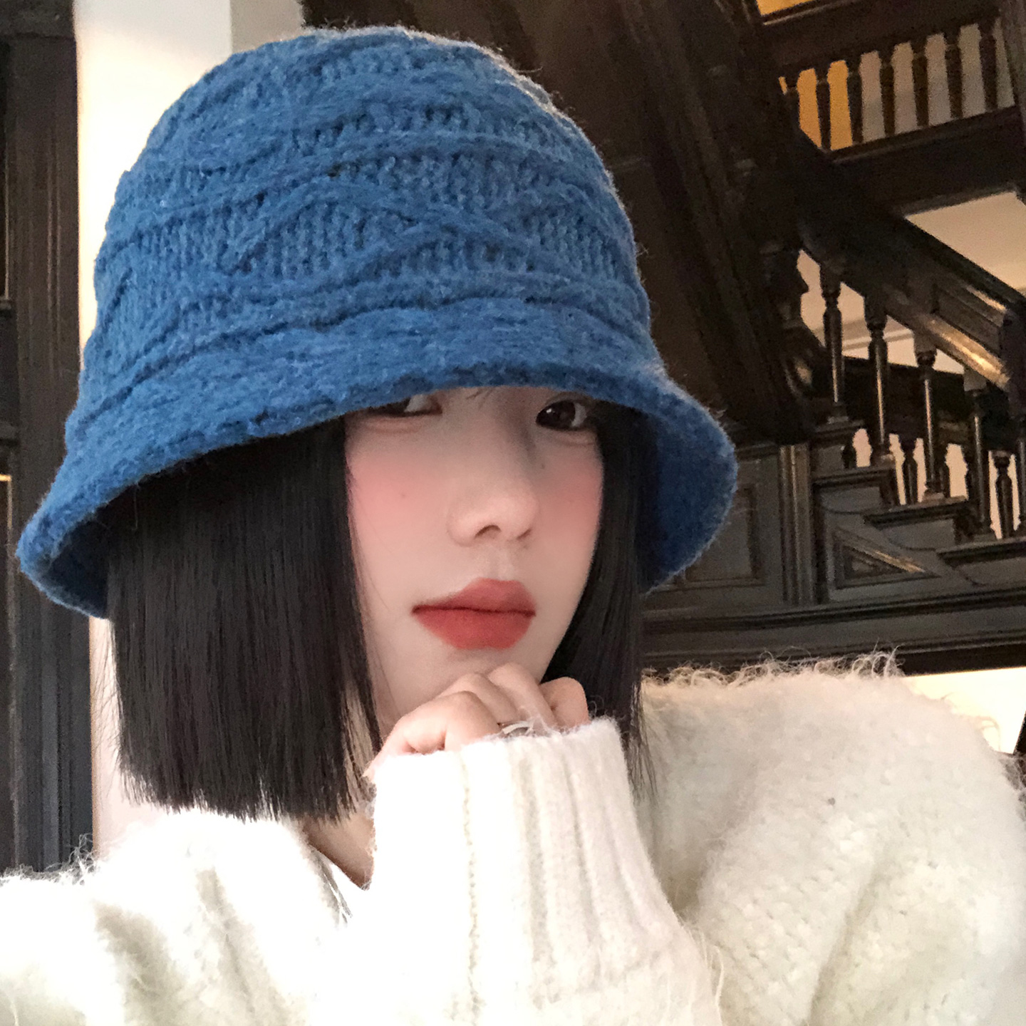 蓝色大头围针织渔夫帽女秋冬保暖