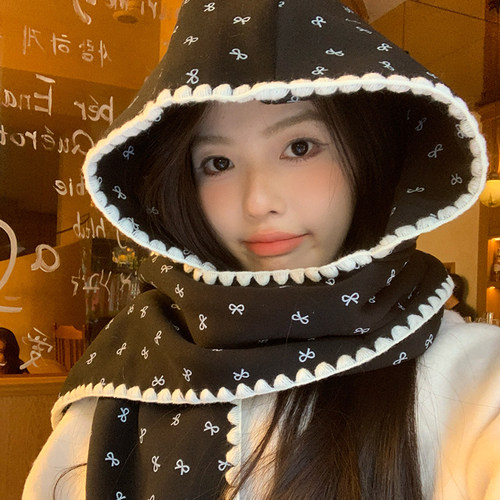 蝴蝶结印花围巾帽子一体女2026